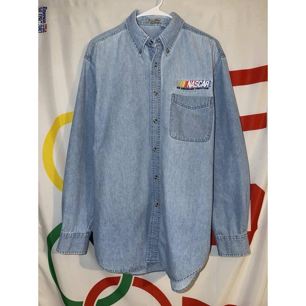 Forest Hue NASCAR Denim Button Up Shirt Large Long Sleeve Racing 90s